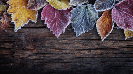 Frozen autumn leaves on rustic wooden background with copy space