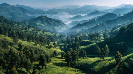 Fototapeta premium Aerial view of lush green tea plantation hills showing rolling landscape patterns and morning fog drifting through the valleys in vibrant style.