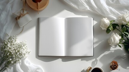 Flat Lay of Blank Open Book with Flowers and Coffee