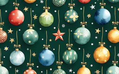 Christmas glass tree balls with bow watercolor seamless pattern on dark green. Hand drawn round and star shape ornaments in green and blue colors for New Year festive packaging, textile and designs.