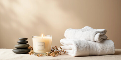 Luxury Spa Still Life with White Towels, Aromatherapy Candle, Volcanic Stones, and Dried Botanicals in a Calm Wellness Setting