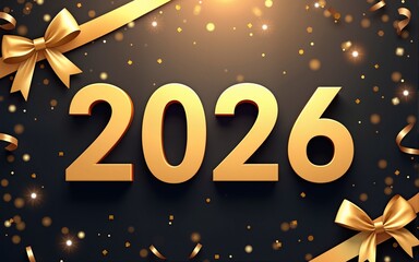 New Year background with golden ribbons, confetti, and 2026 typography placeholder for banner design. High quality