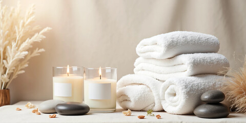 Luxury Spa Still Life with White Towels, Aromatherapy Candle, Volcanic Stones, and Dried Botanicals in a Calm Wellness Setting