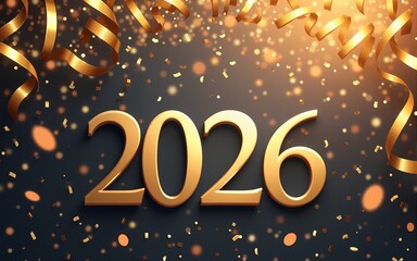 New Year background with golden ribbons, confetti, and 2026 typography placeholder for banner design. High quality