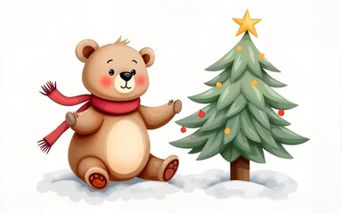 Cute bear and Christmas tree, watercolor illustration, winter card. High quality