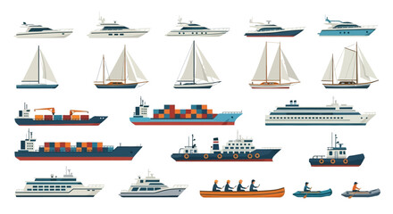 Complete Watercraft and Vessel Collection - Vector Illustration Set of Yachts, Sailboats, Cargo Ships, Cruise Liners, and Small Boats © Tharusha