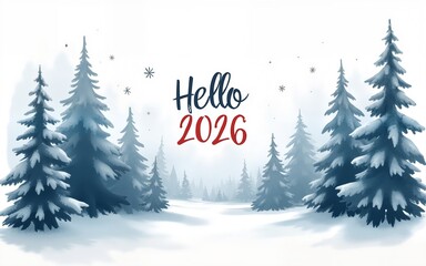 Watercolor winter forest scene with snowy trees and the text “Hello 2026.”. High quality