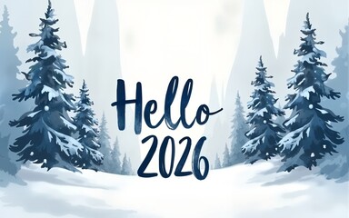 Watercolor winter forest scene with snowy trees and the text “Hello 2026.”. High quality