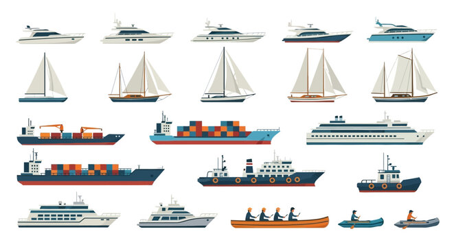 Complete Watercraft and Vessel Collection - Vector Illustration Set of Yachts, Sailboats, Cargo Ships, Cruise Liners, and Small Boats