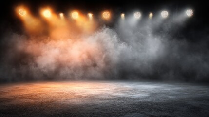 Bright stadium arena lights with smoke and neon spotlights in empty dark studio, concrete floor texture and floating haze at night, dramatic scene background for product display, advertising and promo