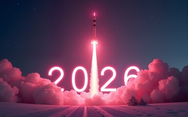 Pink rocket flying towards 2026 new year and christmas celebration. High quality