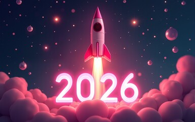 Pink rocket flying towards 2026 new year and christmas celebration. High quality