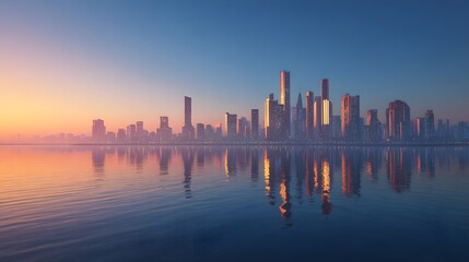 Obraz premium Vibrant City Skyline Reflecting on Calm Water During Golden Sunrise