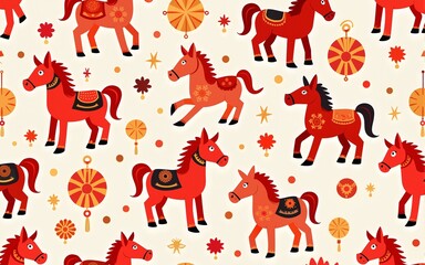 Seamless pattern with Chinese calendar New Year symbol. Cute vector texture. Red cartoon horses  illustration. Happy New Year wrapping paper template. 2026 Year of the Horse. High quality