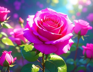 Radiant fuchsia rose with velvety petals, bathed in soft light, blooms amongst a bokeh of vivid pinks and greens