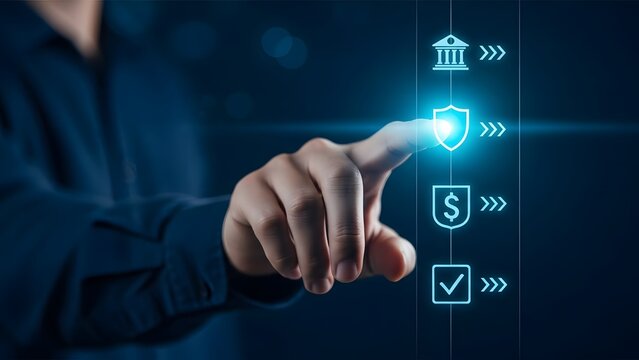 Businessman hand touching digital security shield icon on futuristic interface - Powered by Adobe