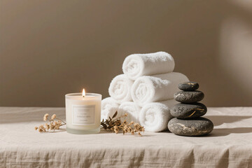 Luxury Spa Still Life with White Towels, Aromatherapy Candle, Volcanic Stones, and Dried Botanicals in a Calm Wellness Setting