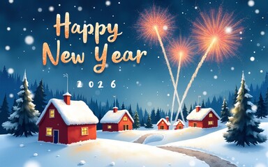 Happy New Year 2026 greeting card with fireworks over a snowy winter village, watercolor illustration. High quality