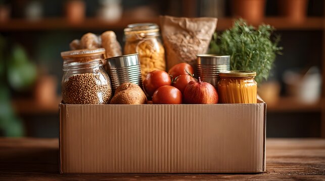 Cardboard donation box filled with various canned foods and dry goods set against a warm blurred home interior background for charity use.