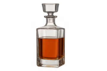 Glass decanter bottle holding amber whiskey liquor