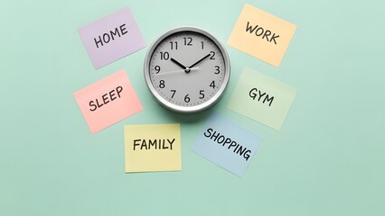 Clock surrounded by sticky notes representing daily life balance and time management