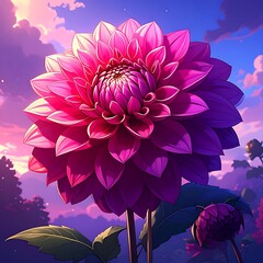 Radiant pink dahlia blooms with layered petals against a vibrant sunset sky and blurred garden backdrop