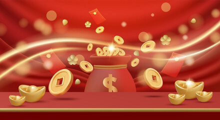 3D vector illustration of red money bag with flying gold coins and ingots. Concept for chinese new year wealth celebration and lucky fortune. Luxury and premium festive holiday background design.