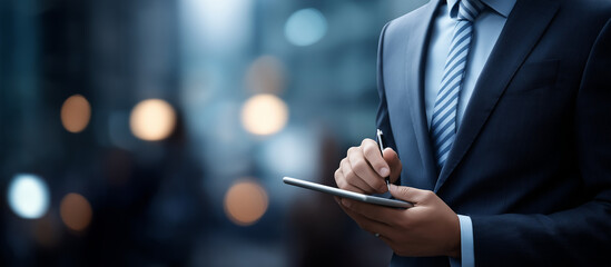 Faceless confident businessman analyzing data in high tech environment heavily defocused background anonymous professional with technological analysis corporate data