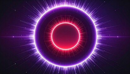 A vibrant, neon-lit circular design featuring a red core, purple outer rings, and radiating beams