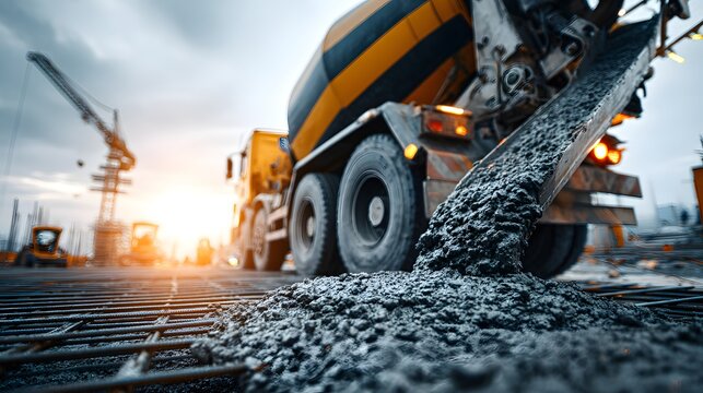 Cement mixer truck pouring fresh wet concrete onto a steel rebar grid at a construction site with dynamic angle and motion of the mixture.