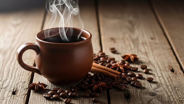 Coffee Cup Steam on Wooden Table