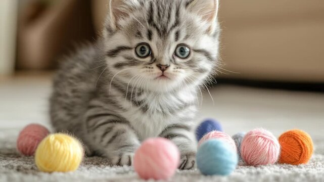 Adorable silver tabby kitten lying on soft carpet with colorful yarn balls. Cozy home interior. Bright natural light. Innocent expression. Playful and curious pet moment. Comfort, lifestyle. Banner