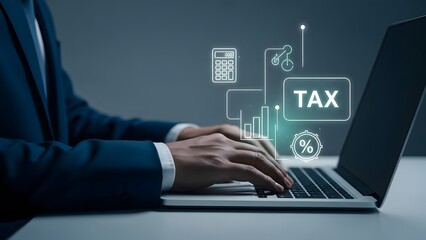 Businessman working on laptop with digital tax calculation and financial growth icons overlay