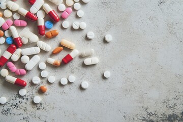 Assortment of Colorful Pharmaceutical Pills and Capsules Scattered on a Textured Surface, Medicine, Healthcare.