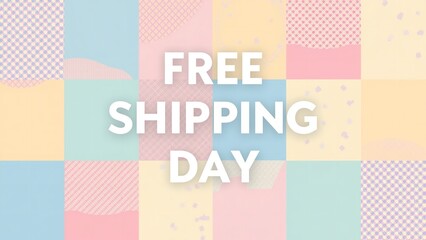 A colorful advertisement announcing free shipping on a pastel background