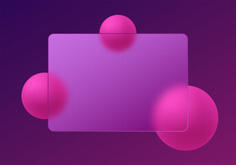 Purple abstract background with glass panel and pink 3D spheres. Eps 10