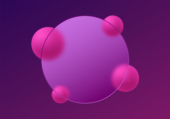 Circular frosted glass panel with pink spheres on gradient background