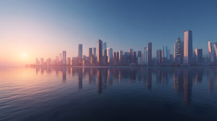 Vibrant City Skyline Reflecting on Calm Water During Golden Sunrise