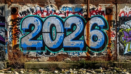Graffiti style number 2026 on a brick wall with colorful urban art