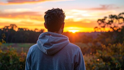 A person in a hooded sweatshirt gazes at a vibrant orange and yellow sunset horizon