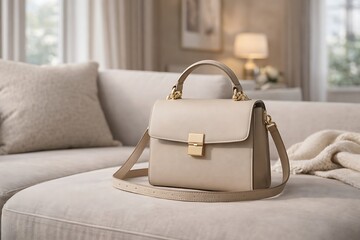 Elegant beige women's handbag with gold accents on a comfortable sofa in a bright, modern living room.