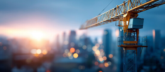 Construction sunrise over city skyline heavily defocused urban development background industrial environment elevated viewpoint progress and growth visualization with copy