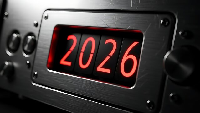 Closeup of a digital display showing the year 2026 in red numbers on a black background - Powered by Adobe