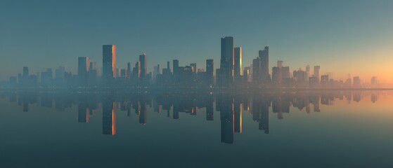 Vibrant City Skyline Reflecting on Calm Water During Golden Sunrise
