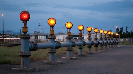 An industrial pipeline stretches into the distance marked by alternating red and yellow warning lights at twilight