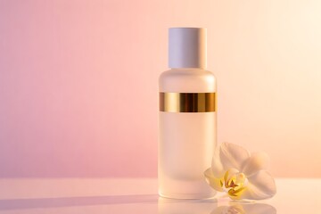Elegant frosted glass cosmetic bottle with gold accent and white orchid, beauty product on gradient background.