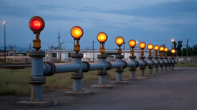 An industrial pipeline stretches into the distance marked by alternating red and yellow warning lights at twilight