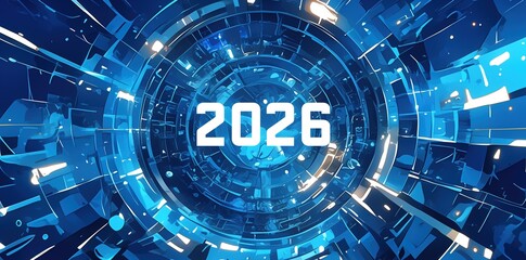 number "2026" on dark blue background, designed for New Year celebration, greeting card, or banner template, featuring futuristic technology and festive theme in modern minimalist style.