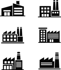 Obraz premium Collection of simple black and white factory icons representing various industrial buildings
