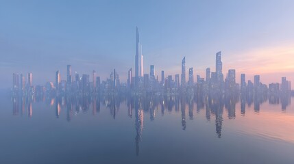 Vibrant City Skyline Reflecting on Calm Water During Golden Sunrise